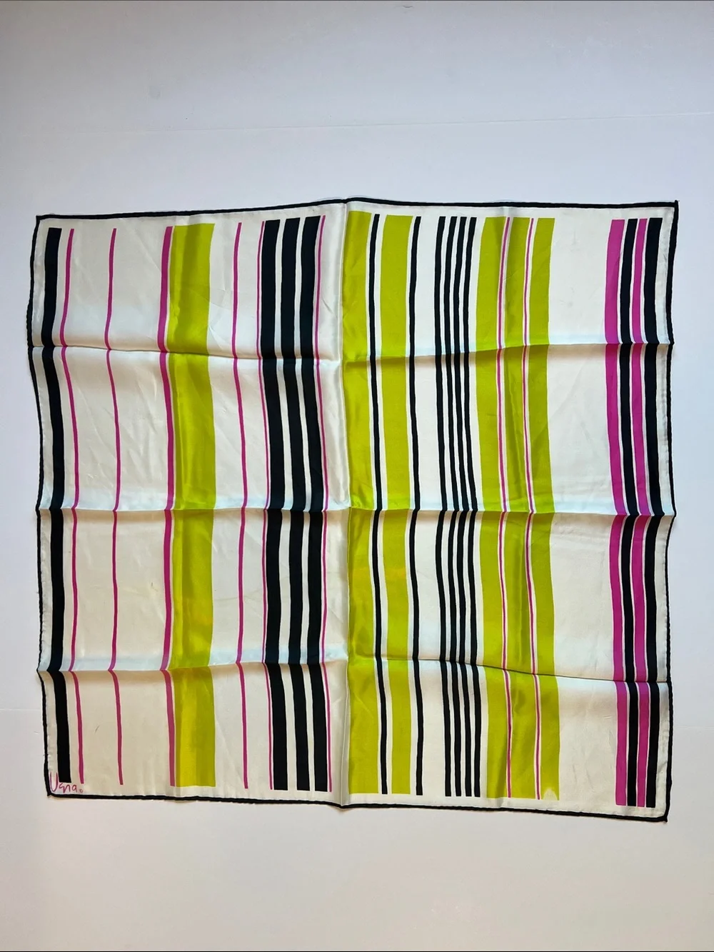 Vintage Vera Neumann scarf pink lime & black striped  25” X 24” hand rolled